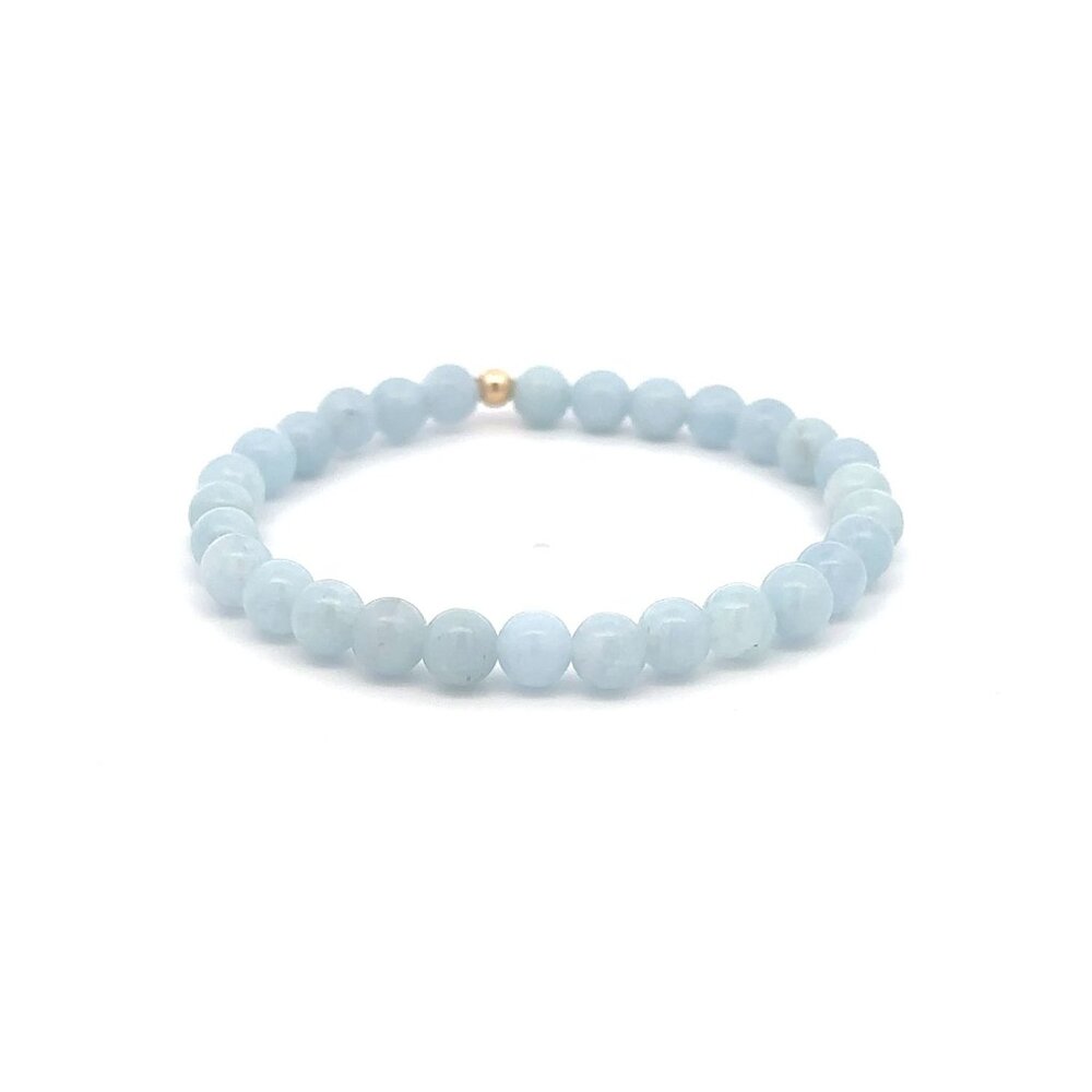 Natural Aquamarine 6mm Gemstone Stretch Bracelet with 14K Gold Polished Bead - Picture 5 of 6